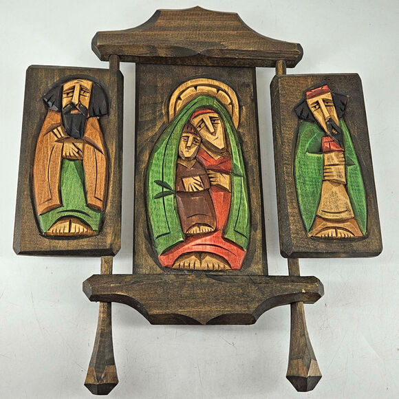 Vintage European Carved Wood Hand Painted Triptyc Mary Jesus Saints